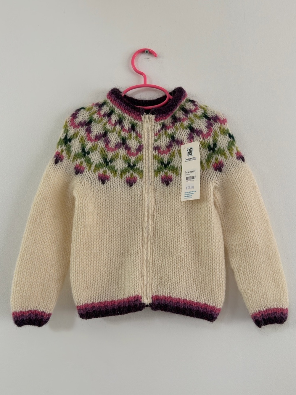 Cream Knit Zip-Front Sweater with Pink & Green Fair Isle Yoke